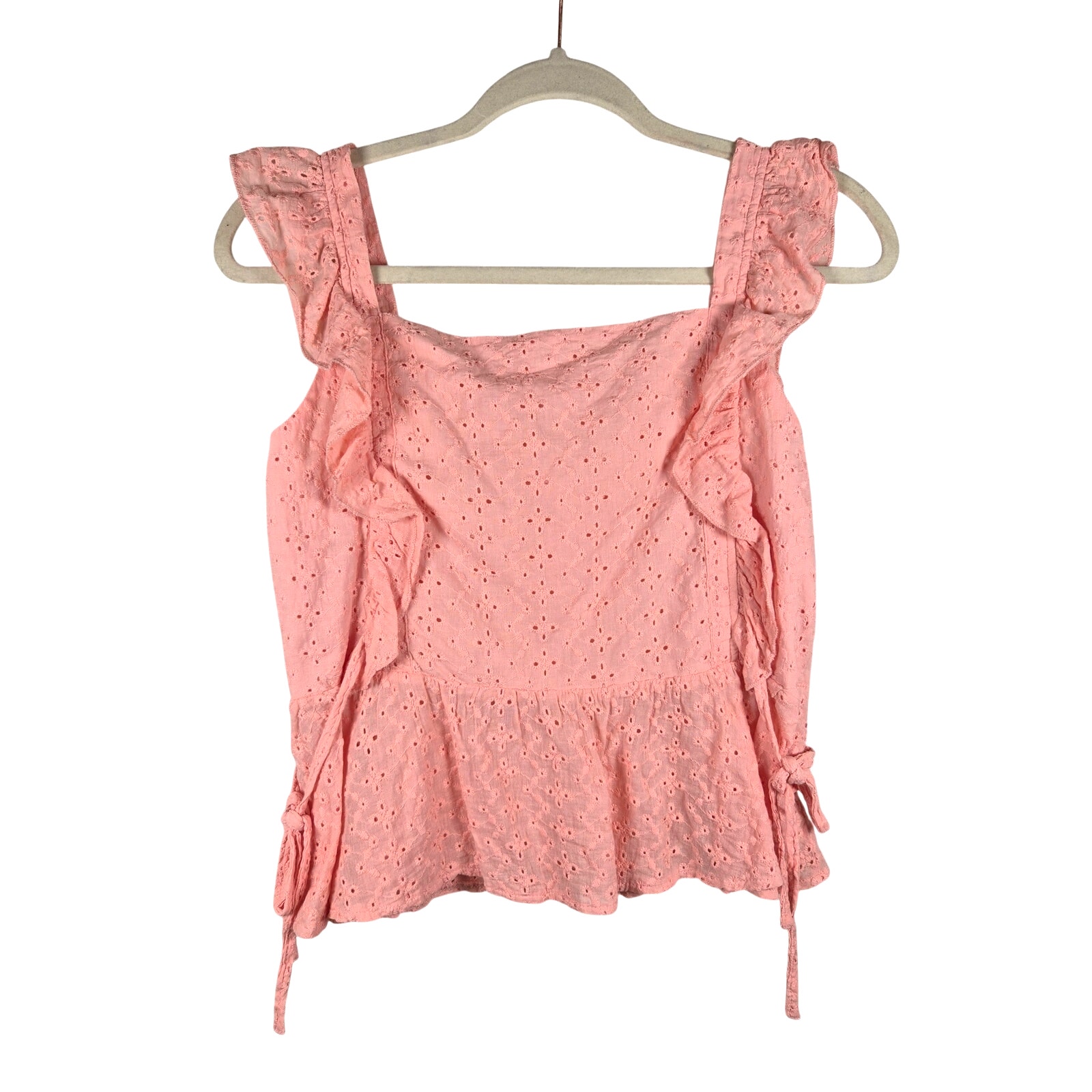 Shein Peach Eyelet Ruffle Shoulder Top Peplum Sleeveless Medium 6 Coquette Boho